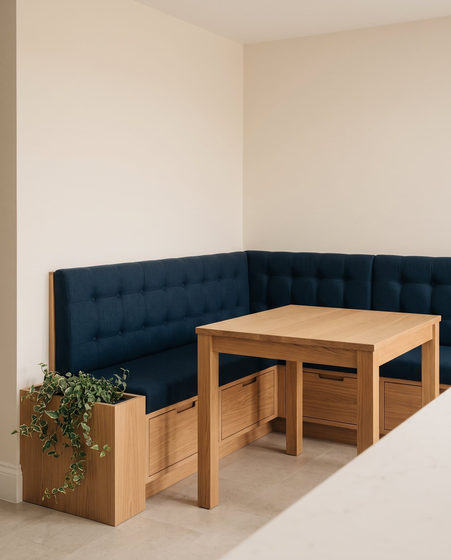 Clifton: an L-shaped deep-buttoned navy corner banquette with oak drawers beneath and a planter at the end