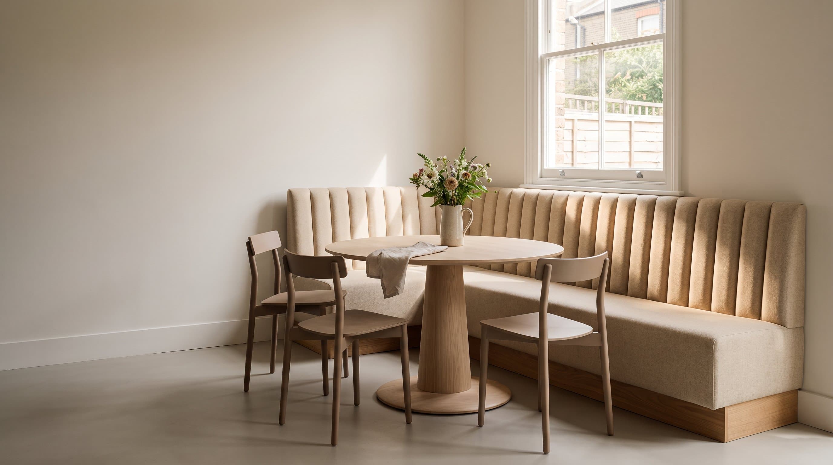A made-to-measure fluted banquette wrapping the corner of a sunlit kitchen, with a round oak table beneath a sash window