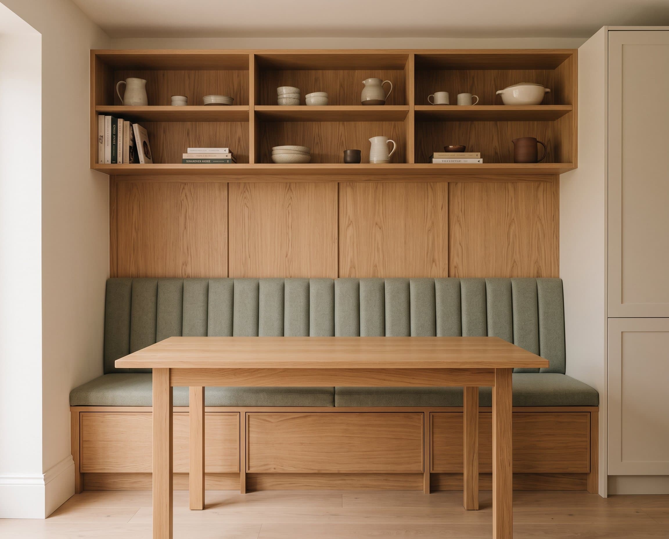 A fluted sage banquette with matching oak drawers, table, panelling and shelving