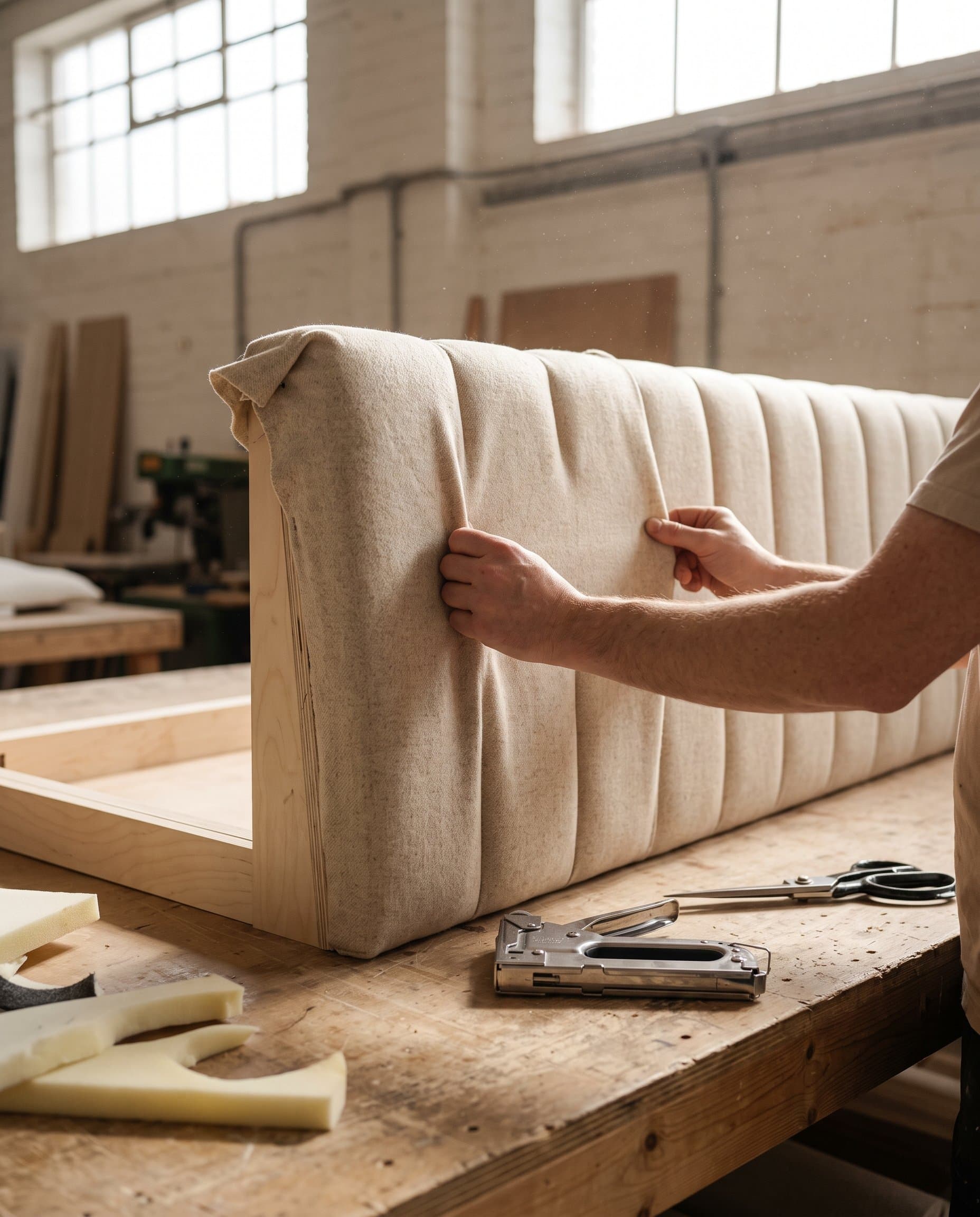 An upholsterer pulling oat fabric taut over a fluted banquette back in the workshop